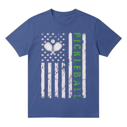  blue unisex cotton pickleball t-shirt with distressed American flag and paddle graphic print