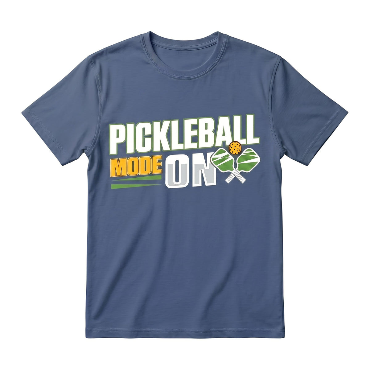  blue cotton unisex short sleeve tee with Pickleball Mode On graphic print