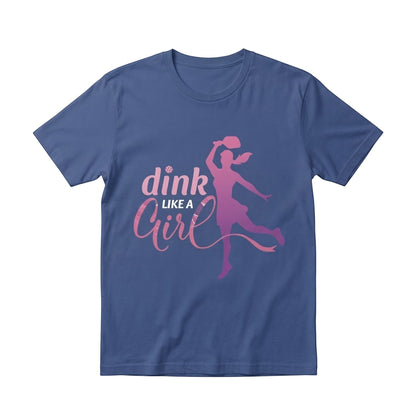  blue unisex cotton t-shirt featuring a pink Dink Like a Girl pickleball graphic print.