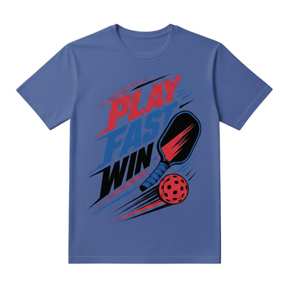  blue unisex cotton t-shirt featuring a Play Fast Win pickleball graphic with paddle and ball.
