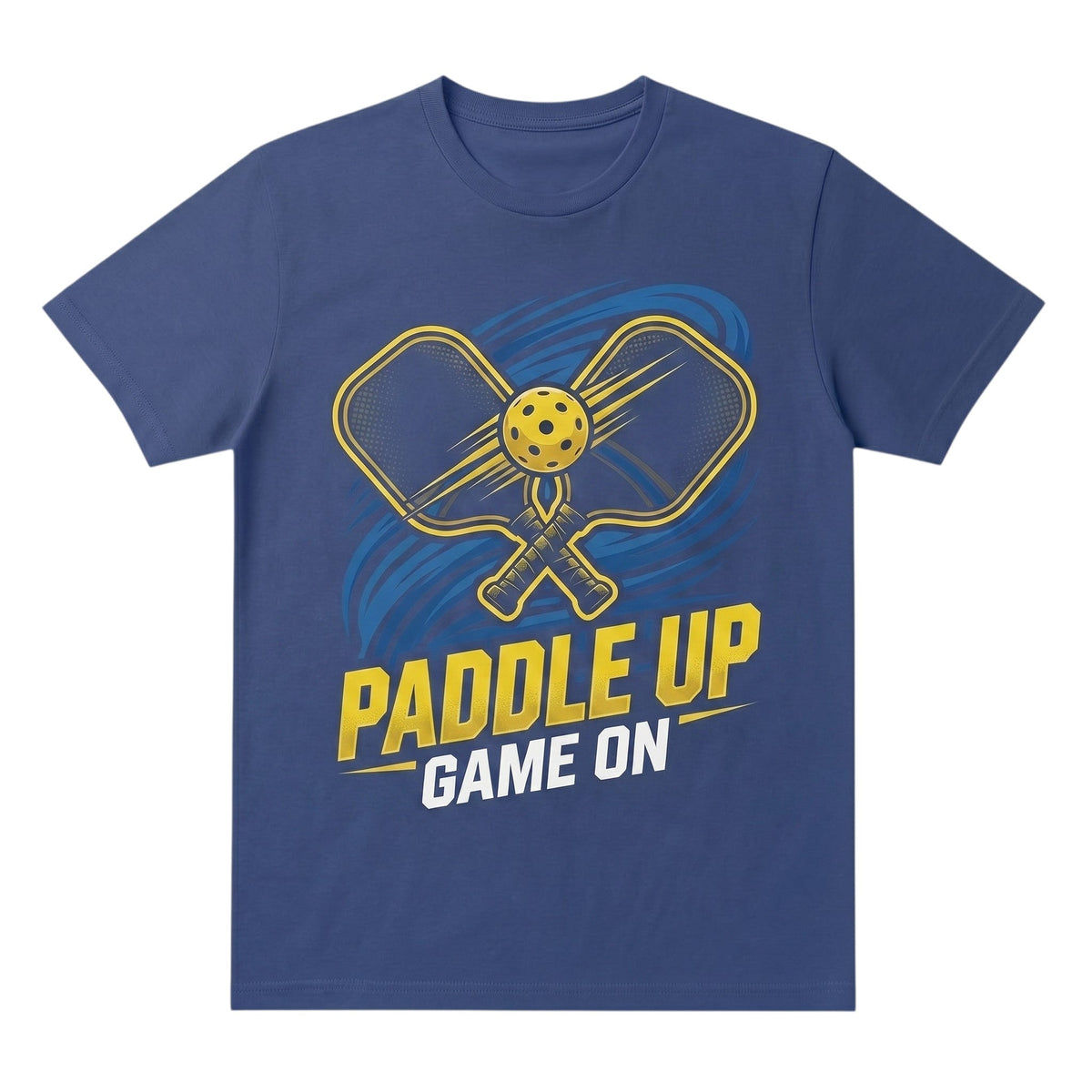  blue unisex cotton t-shirt featuring a yellow pickleball paddle and ball graphic with Paddle Up text.