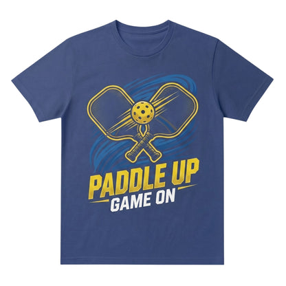 blue unisex cotton t-shirt featuring a yellow pickleball paddle and ball graphic with Paddle Up text.
