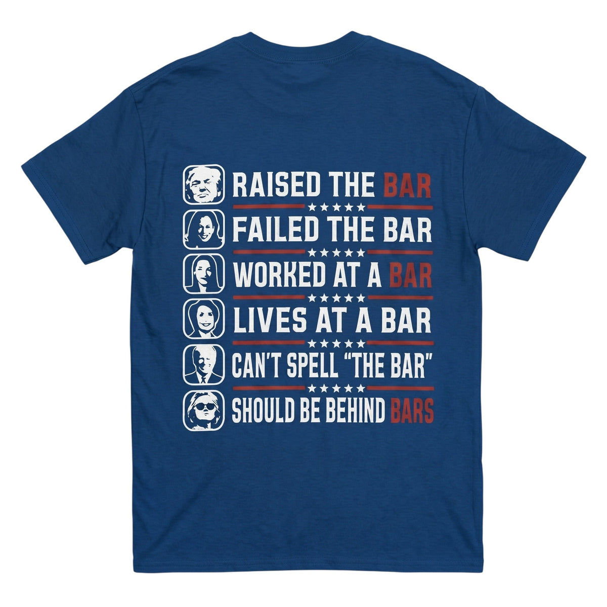  blue 100% cotton t-shirt featuring a back print with political satire text and portraits.