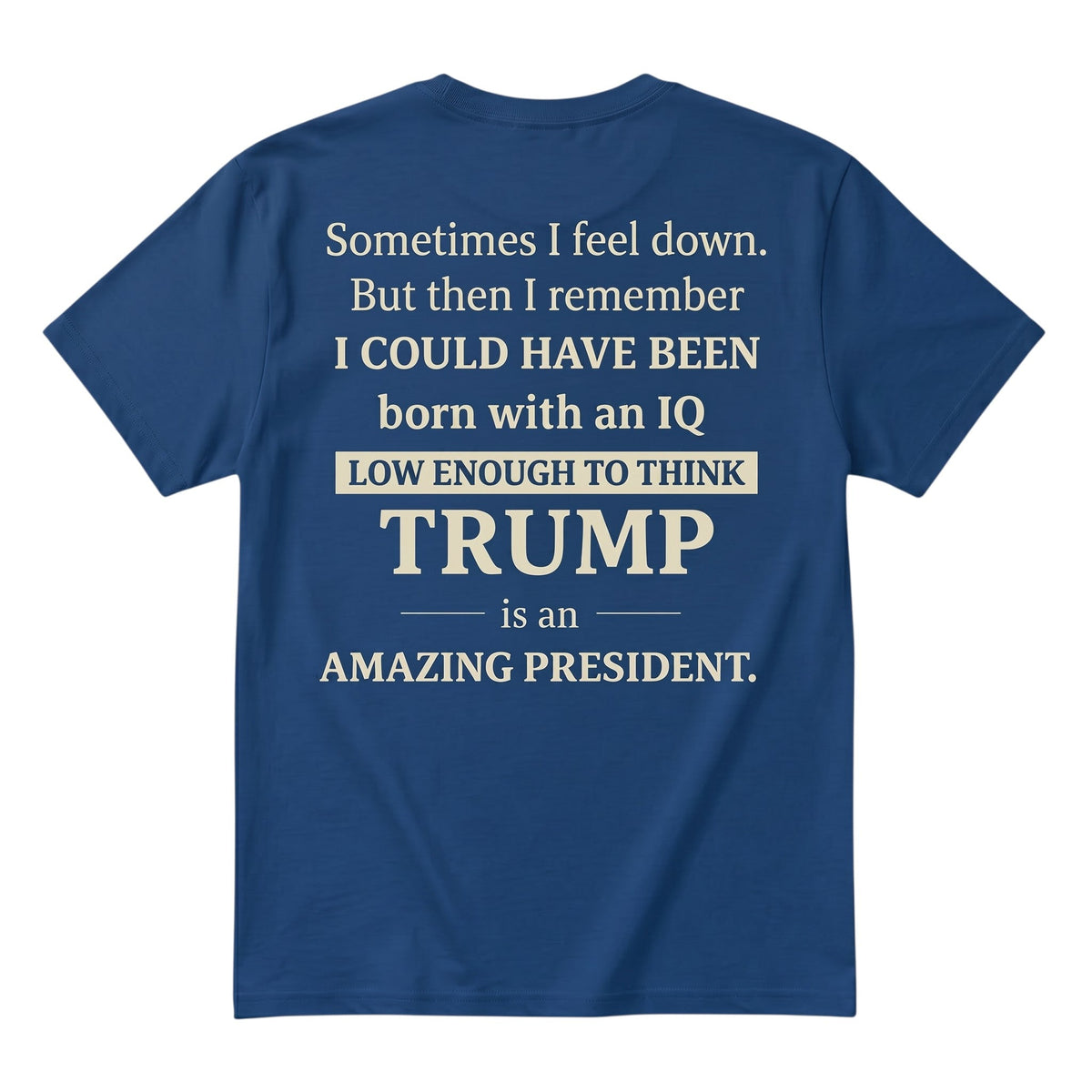  blue unisex cotton t-shirt featuring satirical political typography on the back