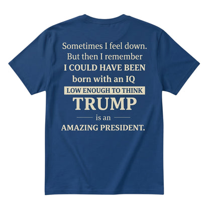 blue unisex cotton t-shirt featuring satirical political typography on the back