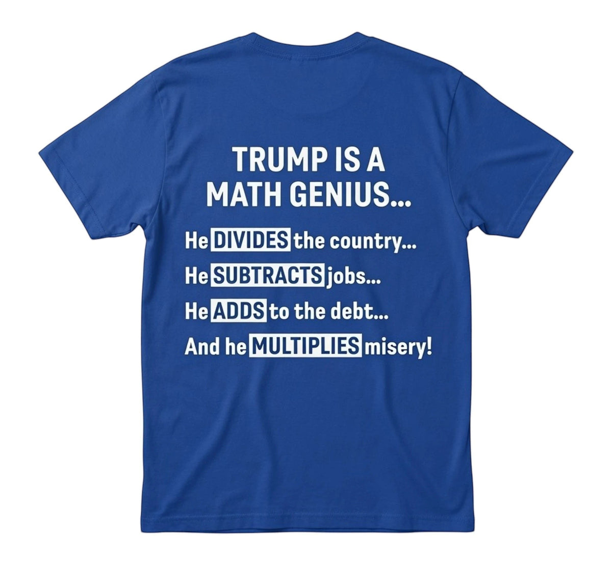  royal blue unisex t-shirt with white political math genius text on the back