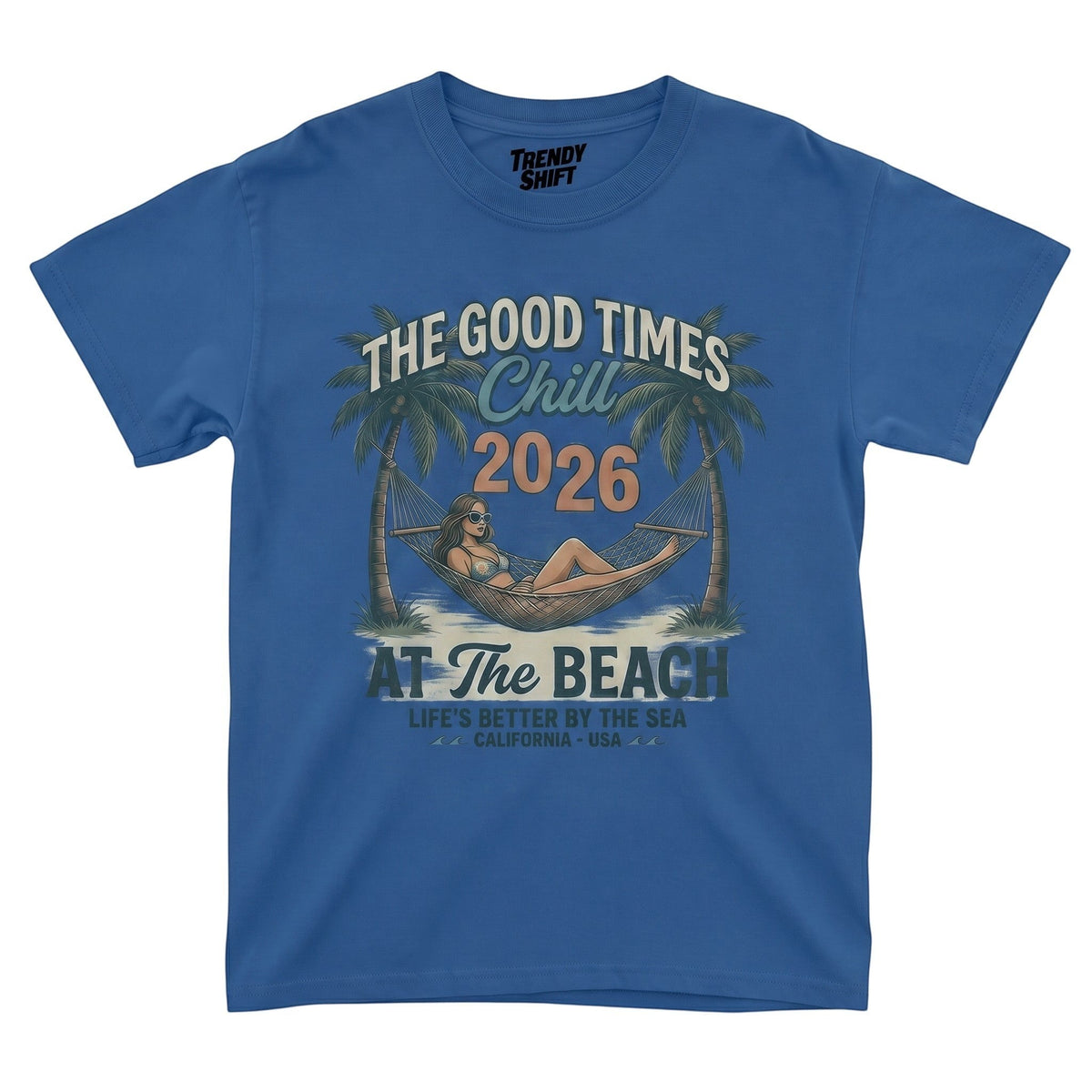  blue graphic t-shirt featuring a retro beach scene with a woman in a hammock and palm trees.