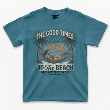  blue graphic t-shirt featuring a retro beach hammock scene with palm trees and summer text.