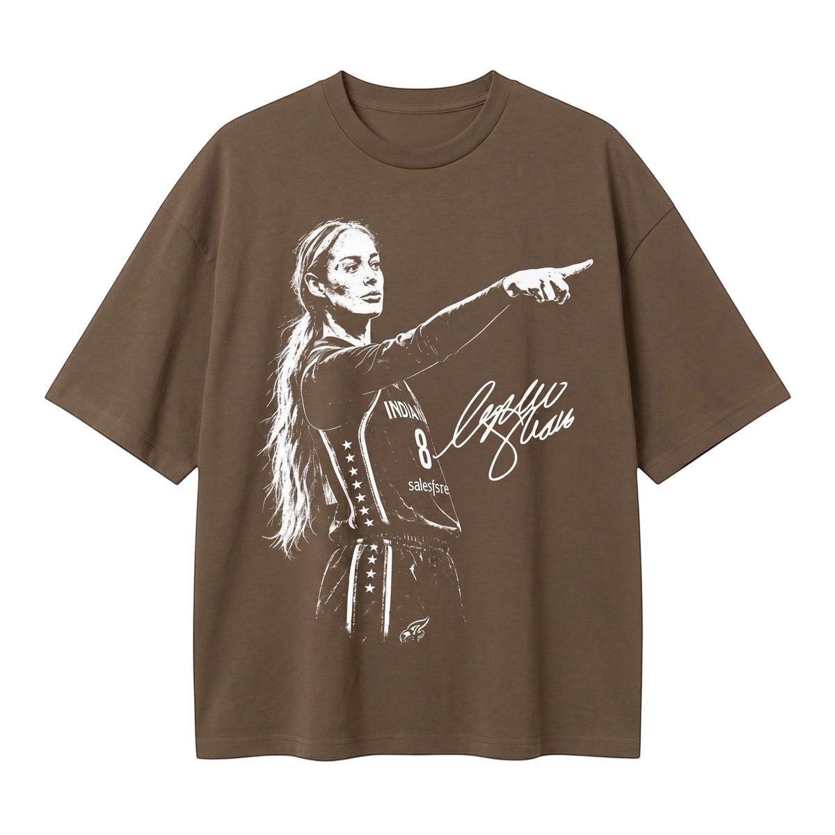  brown oversized t-shirt featuring a white graphic of a female basketball player pointing and a signature