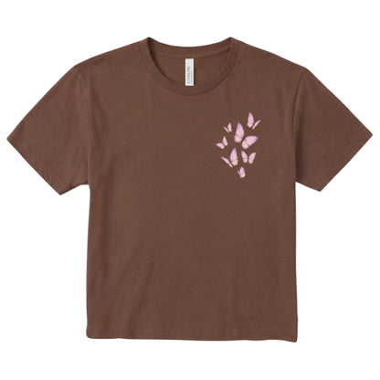  brown cropped crewneck t-shirt featuring a delicate pink butterfly graphic on the chest.