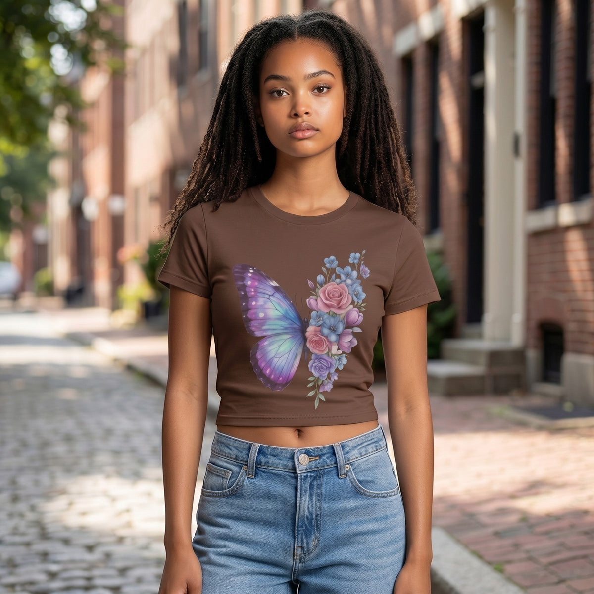  brown micro rib baby tee with a pastel butterfly and floral print worn by a woman on a city street.