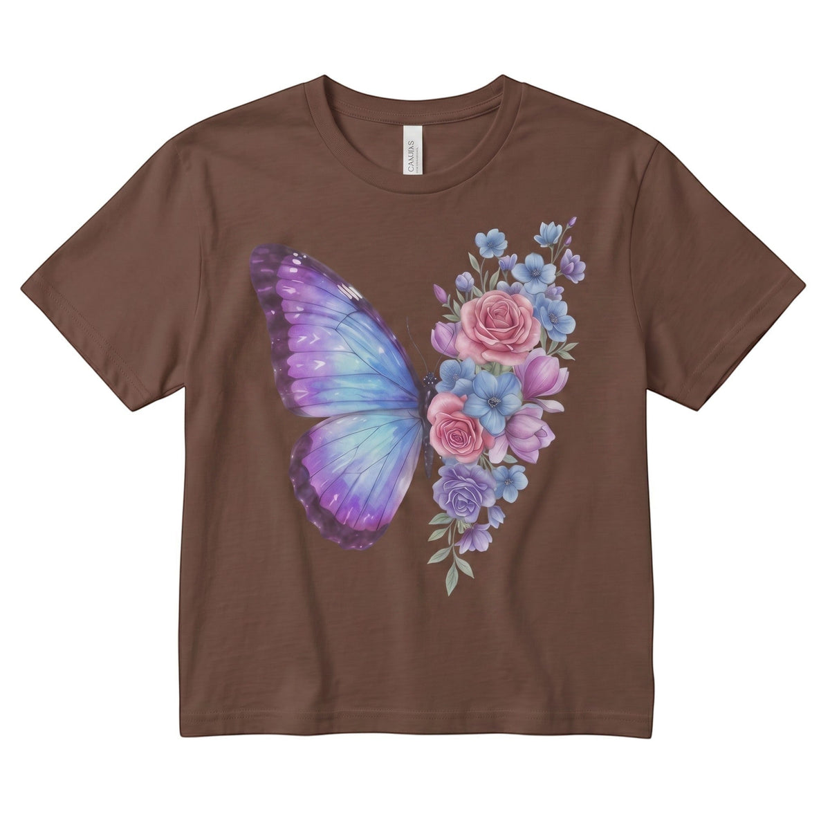  brown micro rib baby tee featuring a pastel butterfly and floral rose graphic print.