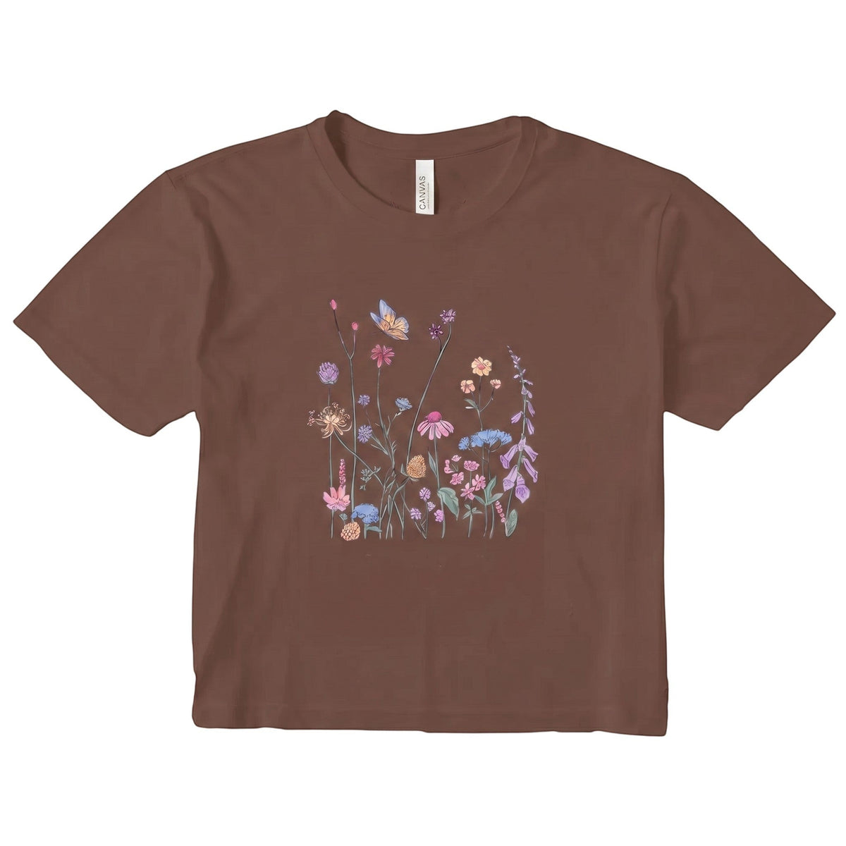  women's brown micro rib crop tee featuring a colorful wildflower and butterfly graphic print.