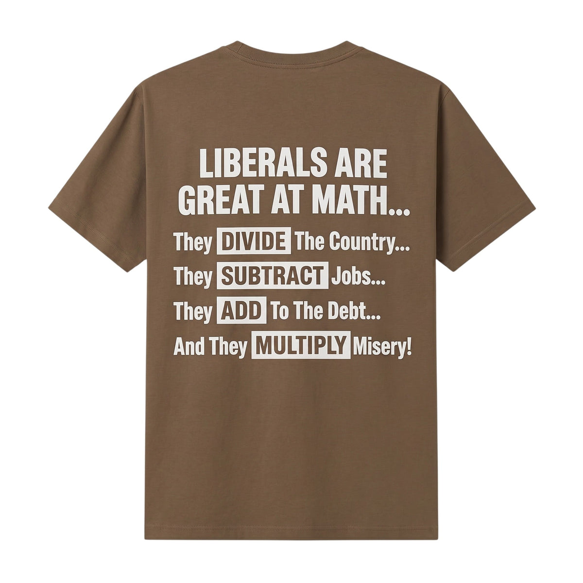  brown t-shirt featuring white text with a political message about math and liberal policies.
