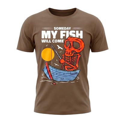  brown cotton unisex t-shirt featuring a graphic of a red skeleton fishing in a blue boat at sunset.