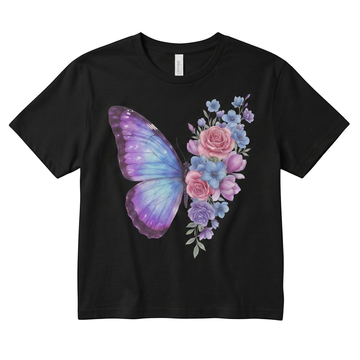  black micro rib baby tee featuring a pastel butterfly and floral rose design on the front.