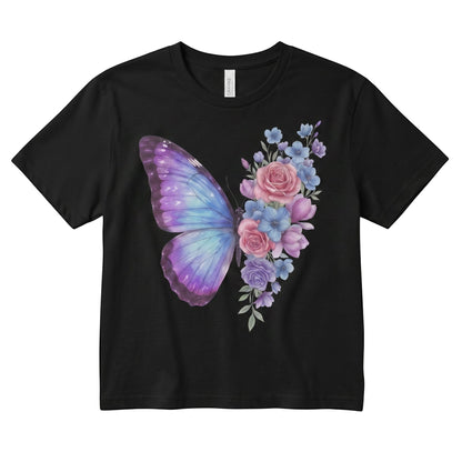  black micro rib baby tee featuring a pastel butterfly and floral rose design on the front.