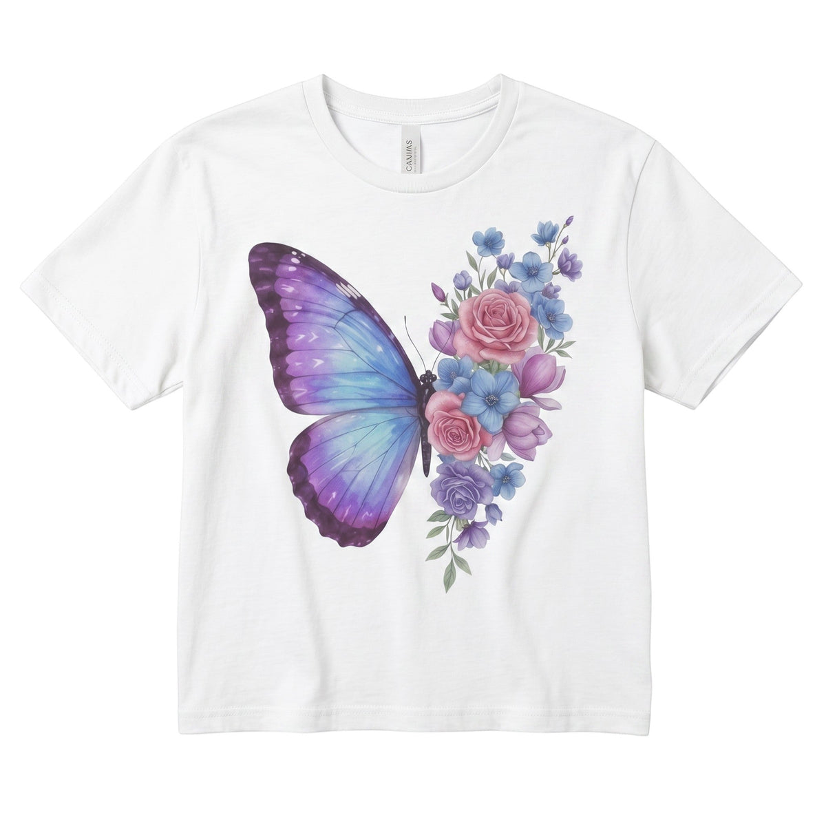 white micro rib baby tee featuring a pastel butterfly and floral rose design for a cottagecore look.
