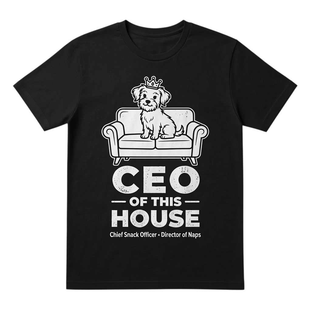 black unisex cotton t-shirt featuring a dog wearing a crown on a couch with CEO of this House text
