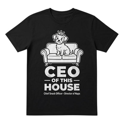  black unisex cotton t-shirt featuring a dog wearing a crown on a couch with CEO of this House text