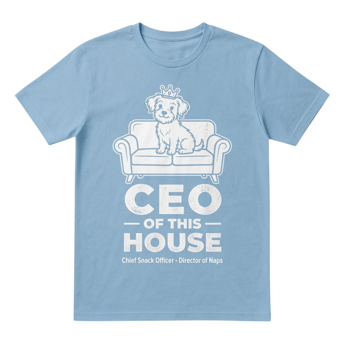  light blue unisex cotton t-shirt featuring a graphic of a dog wearing a crown on a couch.
