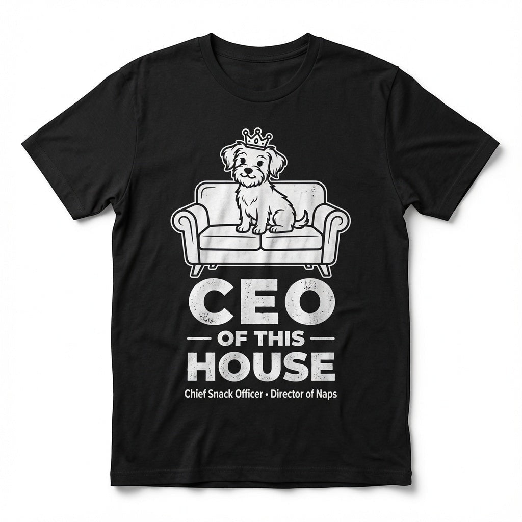  black unisex cotton t-shirt featuring a dog wearing a crown on a couch with CEO of this House text.