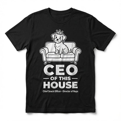 black unisex cotton t-shirt featuring a dog wearing a crown on a couch with CEO of this House text.