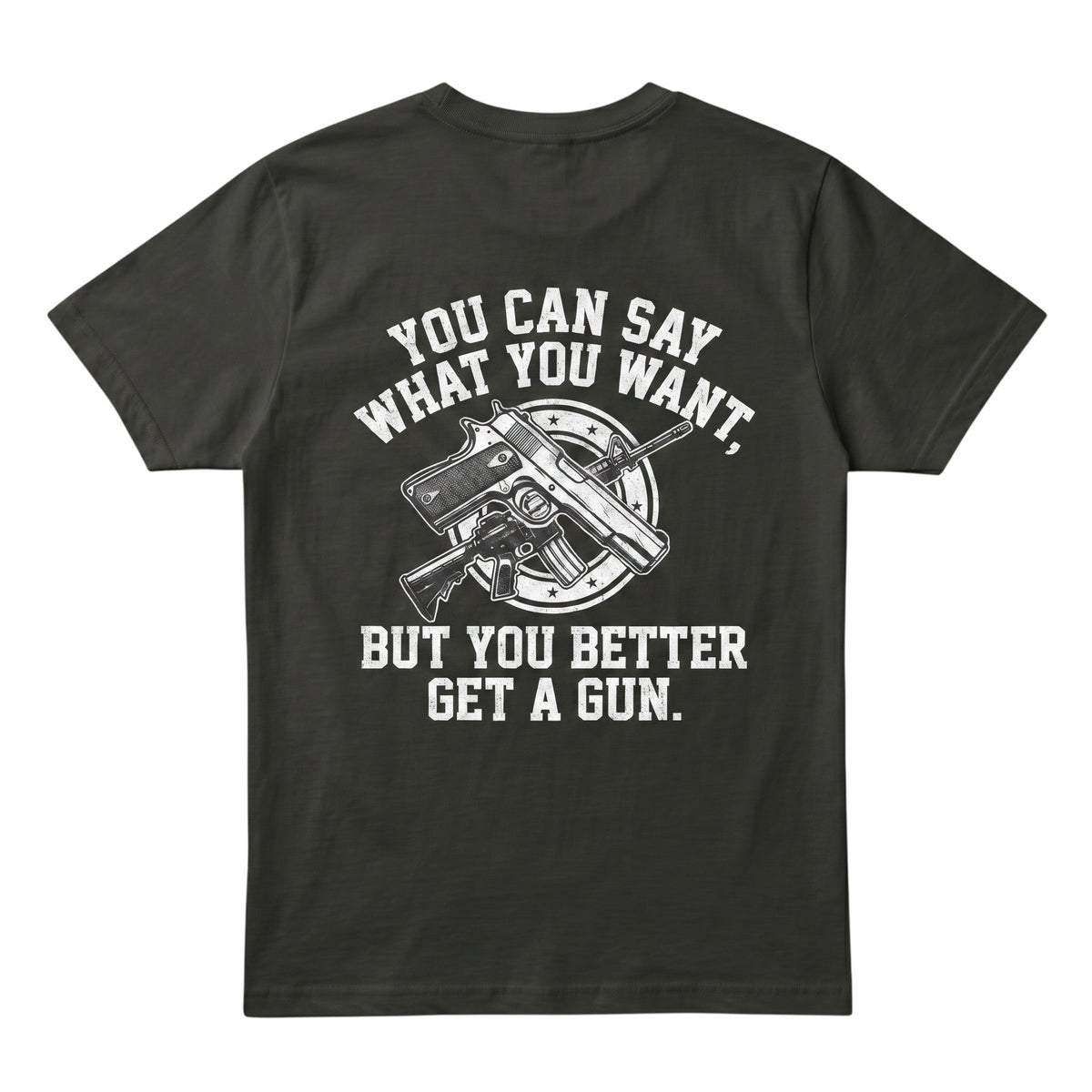  charcoal grey cotton t-shirt featuring a white graphic print of a gun and bold text on the back.