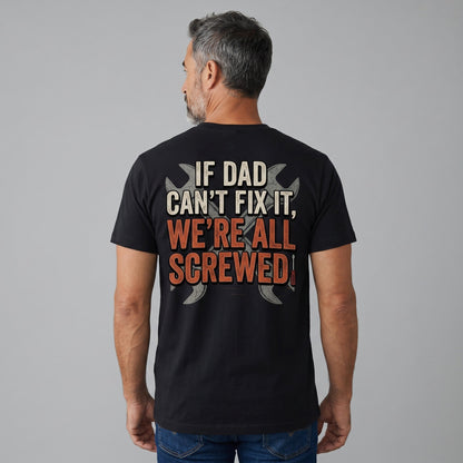  black unisex crew neck t-shirt with Dad's Repair Shop graphic on back worn by a man from behind