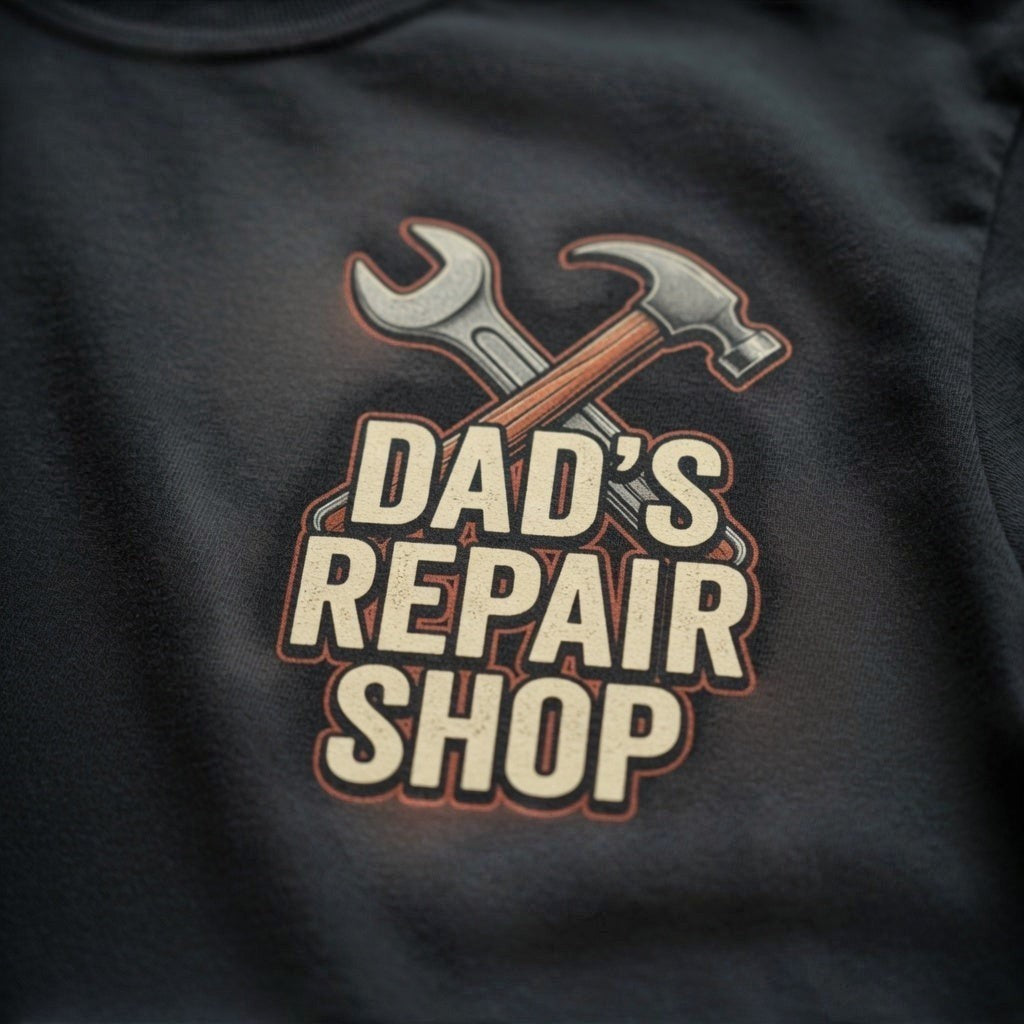  black cotton crew neck t-shirt featuring a vintage Dad's Repair Shop graphic with hammer and wrench