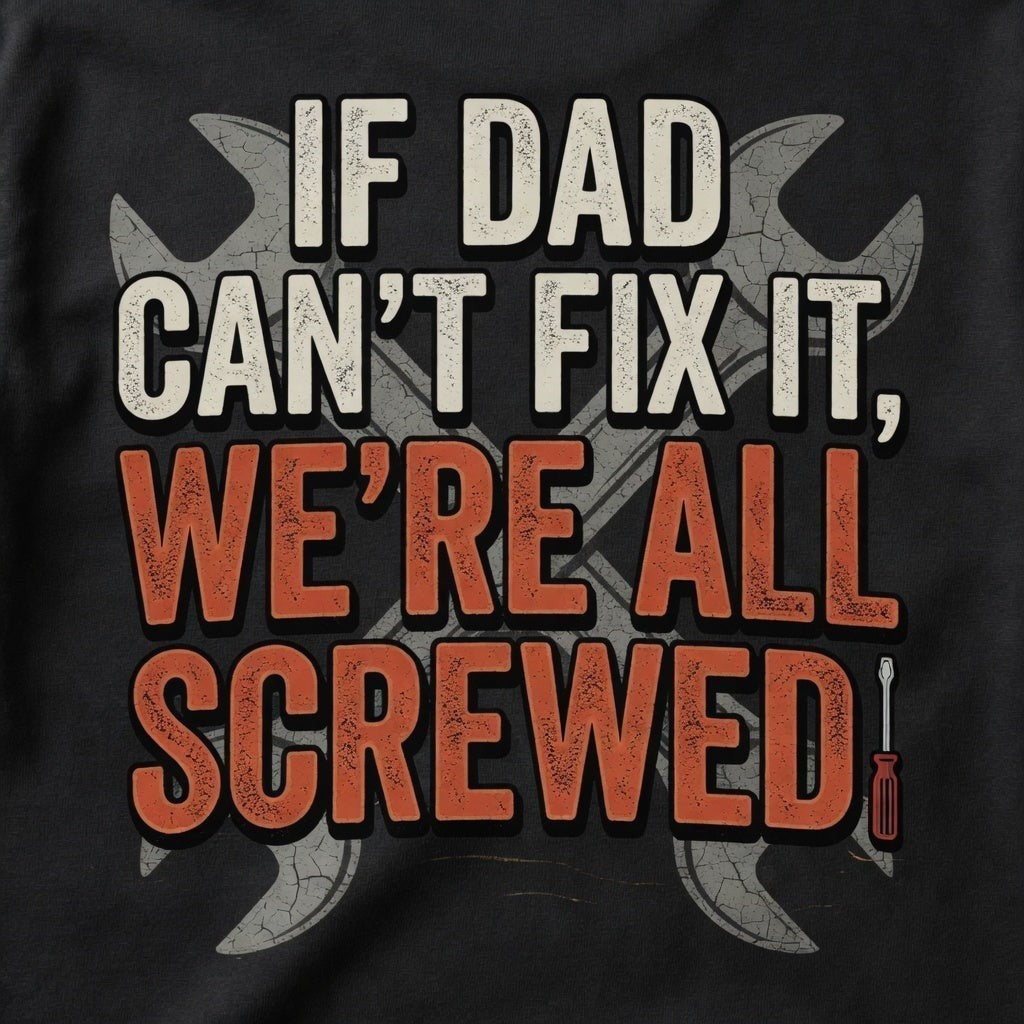  black cotton t-shirt featuring a vintage repair shop graphic with wrench and screwdriver icons.