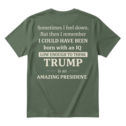  dark green unisex cotton t-shirt with bold white satirical political typography on the back.