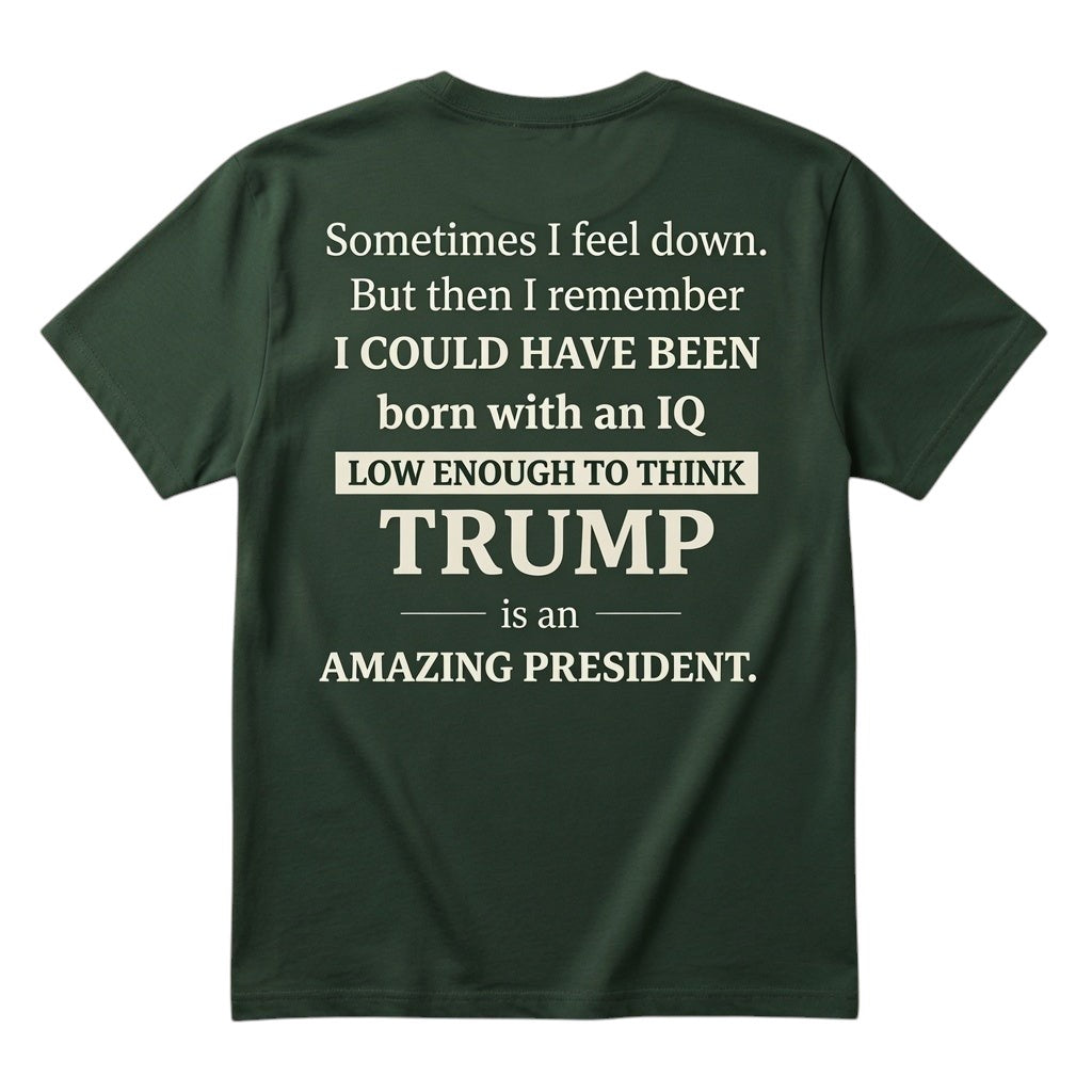  dark green unisex cotton t-shirt with satirical political typography on the back.