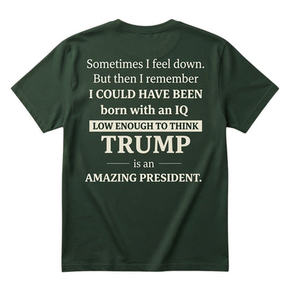 dark green unisex cotton t-shirt with satirical political typography on the back.