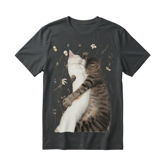  dark grey 100% cotton t-shirt featuring a graphic of a white and tabby cat hugging with wildflowers.