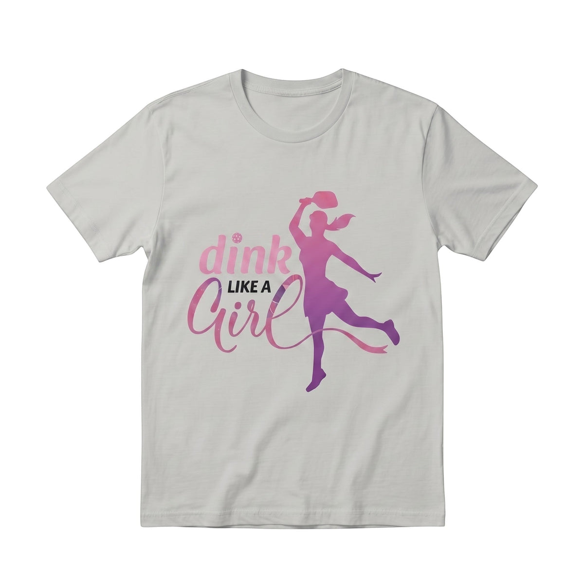  grey unisex cotton t-shirt with a pink and purple gradient Dink Like a Girl pickleball graphic.