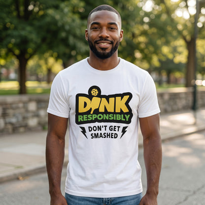  white cotton t-shirt with DINK Responsibly pickleball graphic worn by a smiling man outdoors.