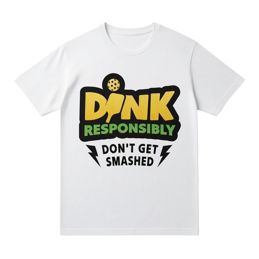  white cotton unisex t-shirt featuring a yellow and green DINK Responsibly pickleball graphic print.