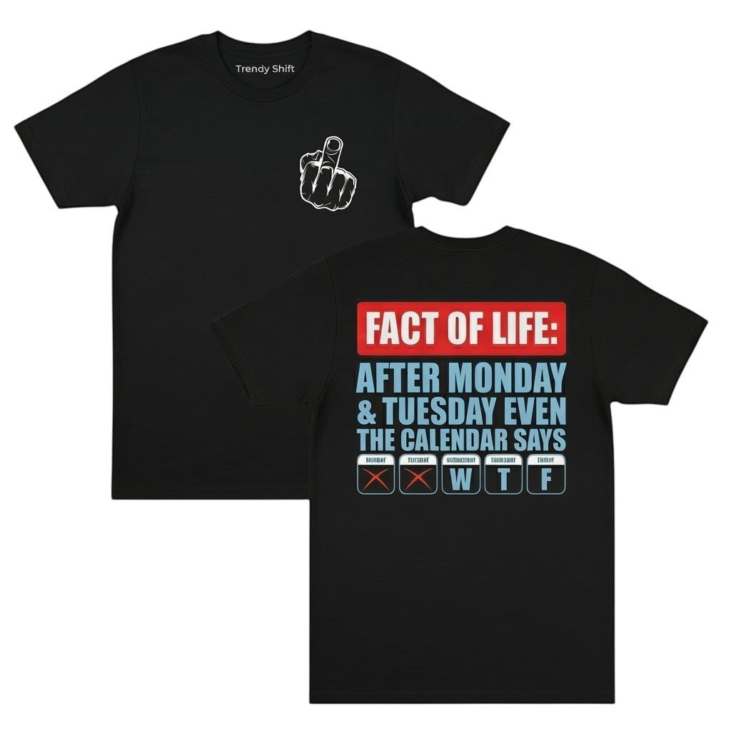  black heavyweight cotton t-shirt with middle finger graphic on front and funny calendar text on back.