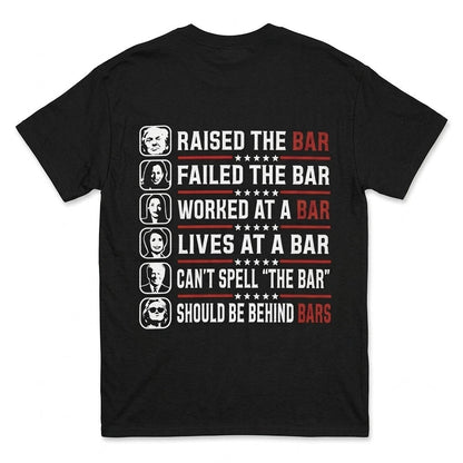  black cotton t-shirt with funny political Raised The Bar graphic print on the back