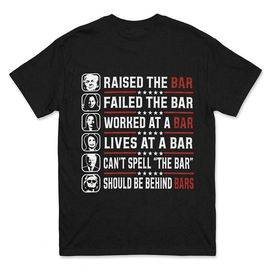  black cotton t-shirt with funny political Raised The Bar graphic print on the back