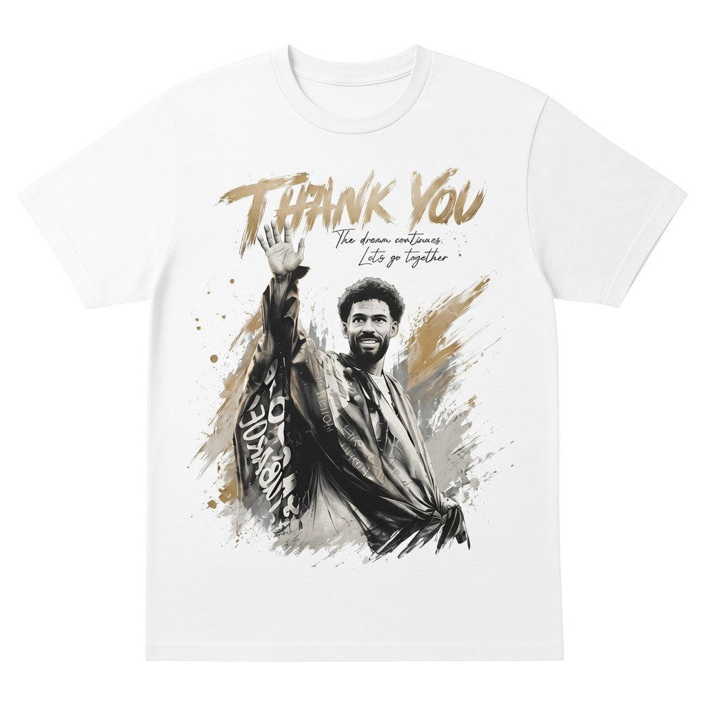  white unisex tee featuring a graphic of a goalkeeper waving goodbye with Thank You text design.