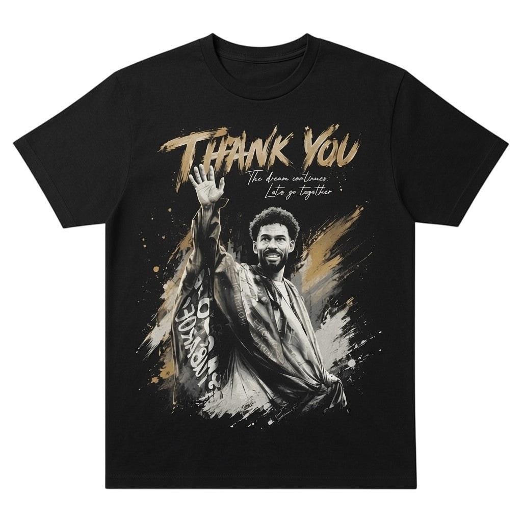  black unisex tribute tee featuring a high-detail graphic of a goalkeeper waving farewell.