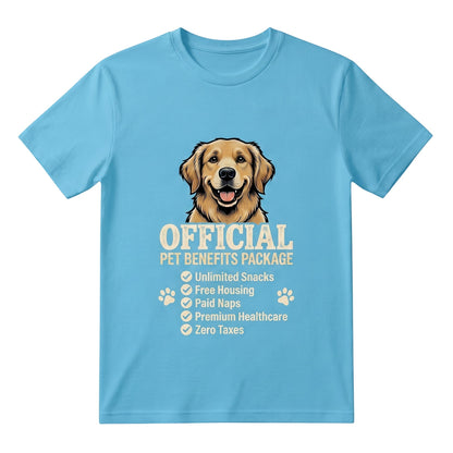  light blue unisex cotton t-shirt featuring a golden retriever and Official Pet Benefits Package graphic.
