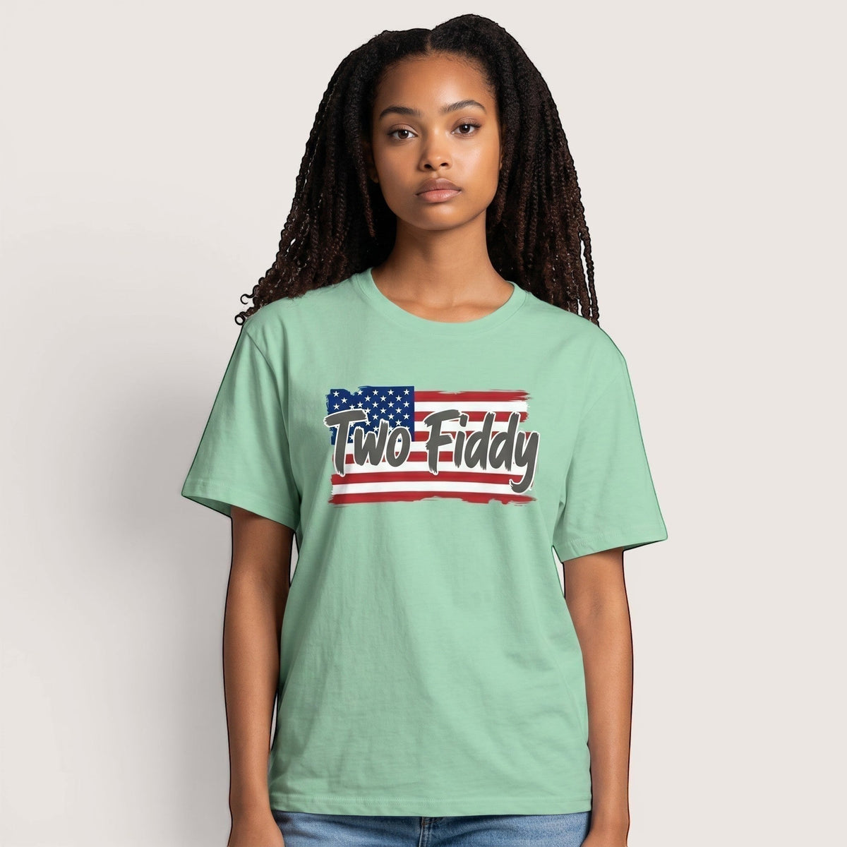 unisex green cotton t-shirt with distressed American flag graphic and Two Fiddy brushstroke text