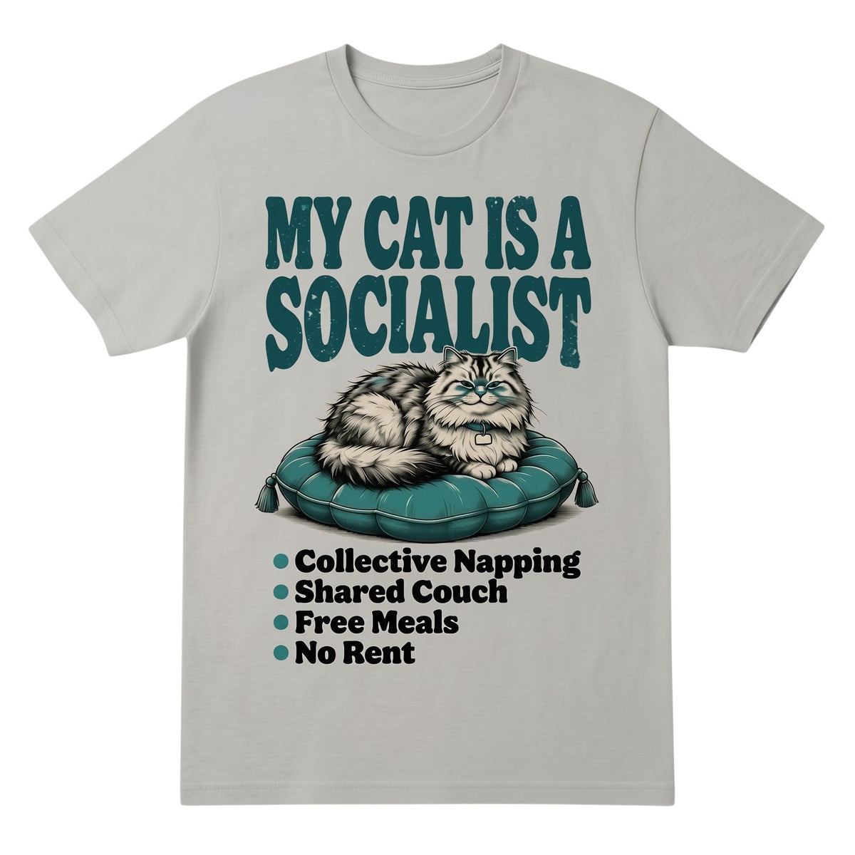  grey cotton graphic tee featuring a cat on a cushion with the text My Cat Is a Socialist