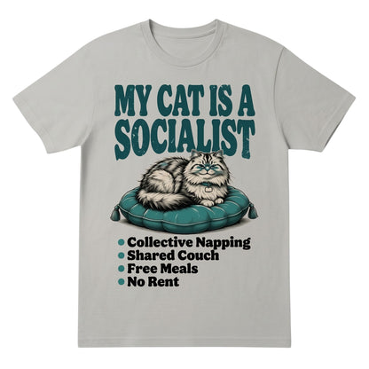  grey cotton graphic tee featuring a cat on a cushion with the text My Cat Is a Socialist