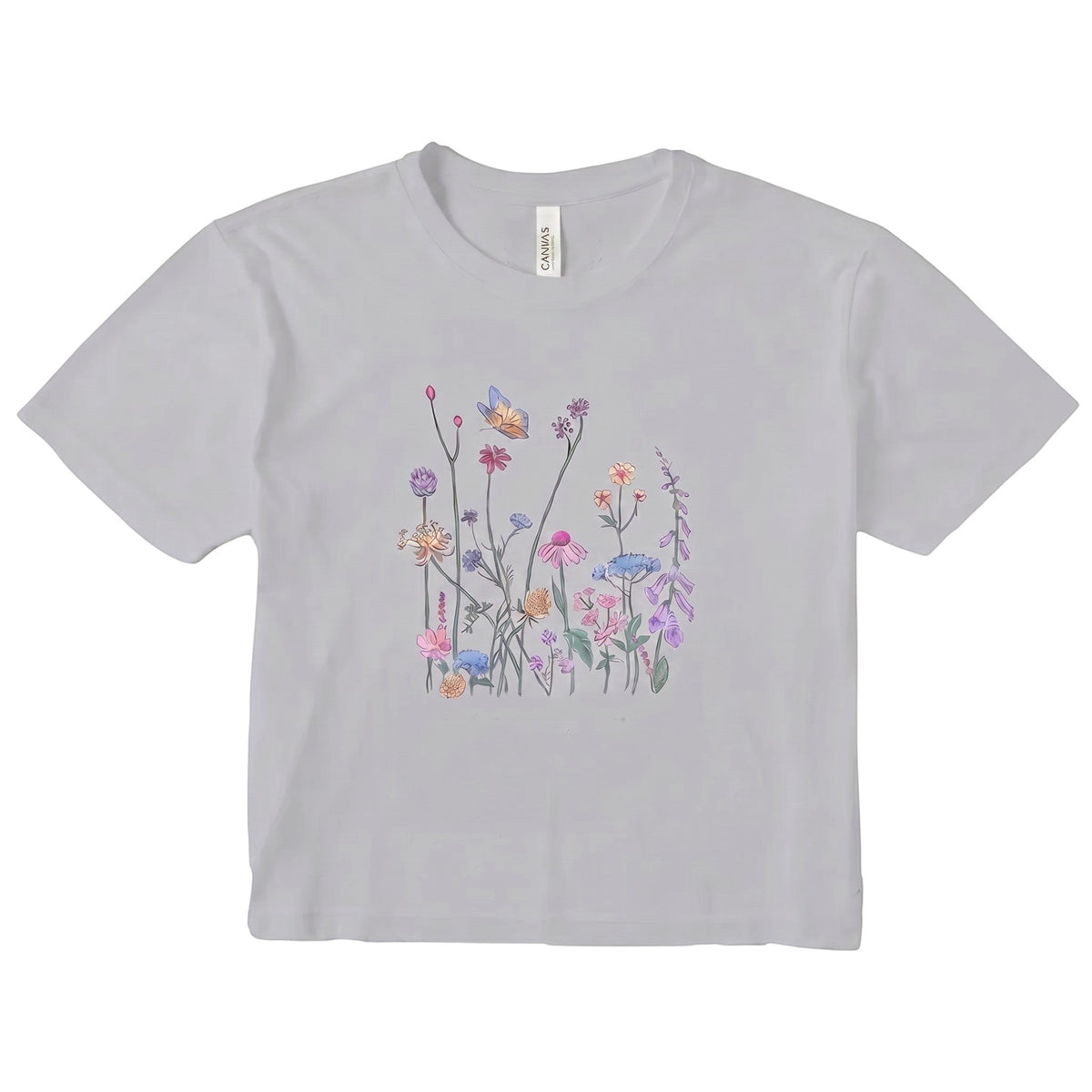  women's light grey micro rib t-shirt featuring a delicate wildflower and butterfly graphic print.