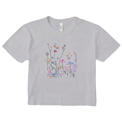  women's light grey micro rib t-shirt featuring a delicate wildflower and butterfly graphic print.