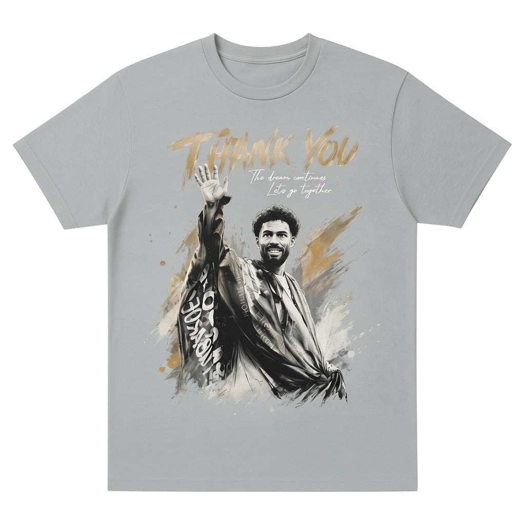  grey unisex tee featuring a tribute graphic of a goalkeeper waving goodbye with gold brushstroke accents.